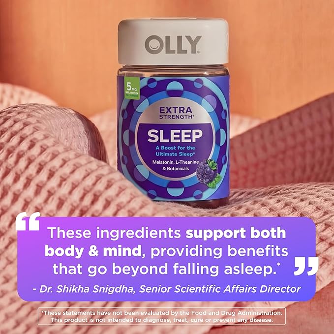 OLLY Extra Strength Sleep Gummy 5 mg Melatonin L-Theanine Chamomile Lemon Balm Extracts Sleep Aid BlackBerry Flavor - 90 Count