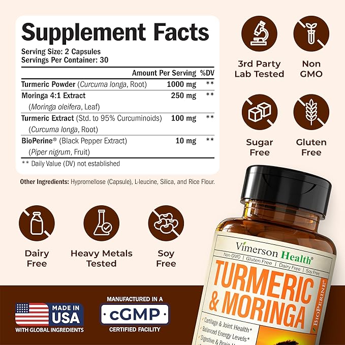 Moringa Turmeric Curcumin Supplement for Joint Health Gut Health Energy &amp Immune Support – Turmeric Curcumin with Black Pepper – Total Wellness Formula with Tumeric Moringa Pure Capsules – 2 Pac