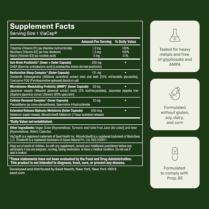 Seed PM-02 Sleep + Restore - Sleep Aid for Women &amp Men - Non-Habit Forming Bioidentical Melatonin &amp Ashwagandha - Vegan &amp Shelf-Stable - 30 Capsules (30-Day Supply)