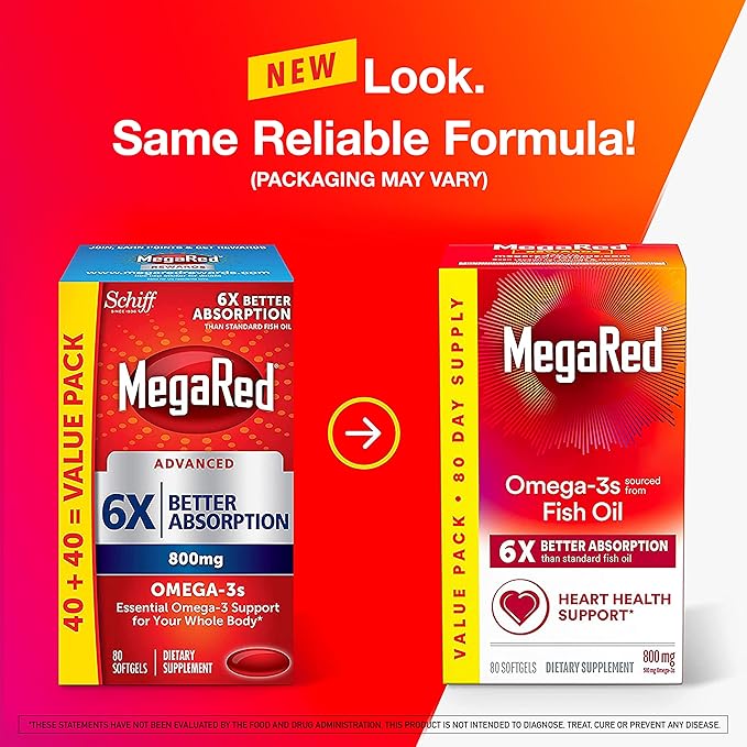 MegaRed Advanced 6X Absorption Softgels - Omega-3 Fish Oil Supplement 800mg (80 Count in A Box) EPA DHA Fish Oil Supports Heart Brain Joints &amp Eyes
