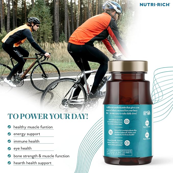 Nutri-Rich Essentials Multi | Multivitamin Supplement for Adult with Fish Oil Omega-3 Supports Energy Immune Health Vitamin A C D3 E K2 and Zinc Non-GMO Gluten Free (60 Count)