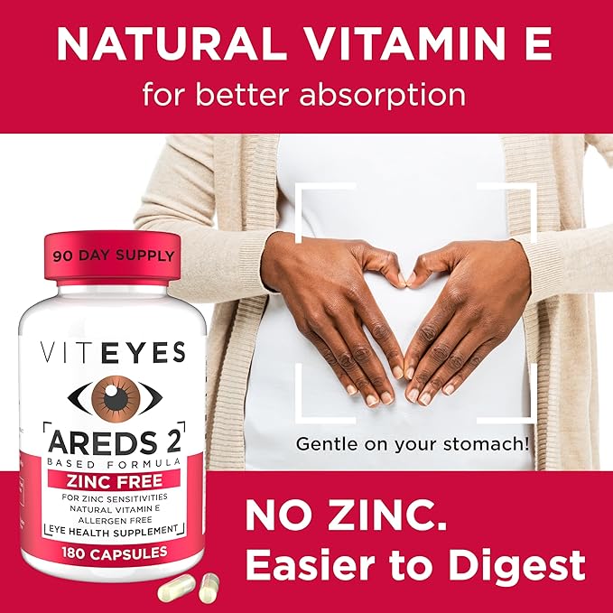 Viteyes AREDS 2 Zinc Free Macular Support Natural Allergen Free Capsules with Vitamin E Vitamin C Lutein &amp Zeaxanthin No Zinc No Copper Eye Doctor Trusted Manufactured in The USA 180 Ct