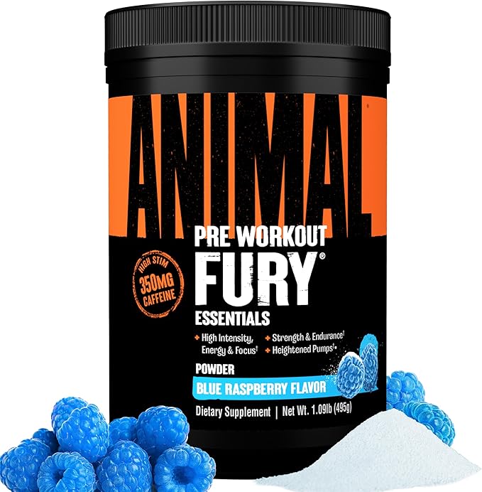 Animal Fury - Pre Workout Powder Supplement for Energy and Focus - 5g BCAA 350mg Caffeine Nitric Oxide Without Creatine - Powerful Stimulant for Bodybuilders - Blue Raspberry