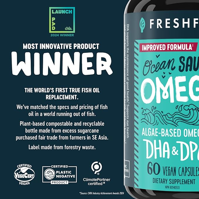 Freshfield Omega 3 DHA Supplements Potent 1 per Day Formula Algae (Algal) Oil Vegan Omega Ocean Saving Fish Oil Alt Sustainable Concentrated DHA per Capsule w/DPA