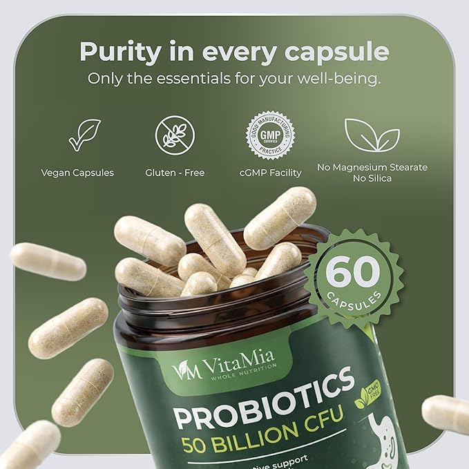 VitaMia Probiotics 50 Billion CFU Probiotic + Prebiotic Fiber Capsules 60 Count 11 Strain Formula – Daily Digestive Balance Gut &amp Immune Wellness for Men &amp Women – Vegan &amp Gluten Free