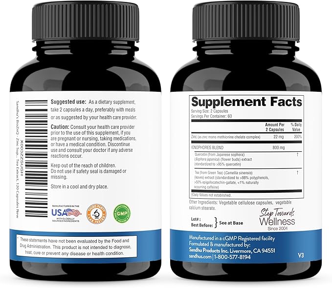 Sandhu's Zinc Supplement with Ionophores| Quercetin &amp Green Tea Extract for Superior Absorption and High Potency| 900mg Vegetarian Capsules 120 Days Supply| Immune Support for Men &amp Women