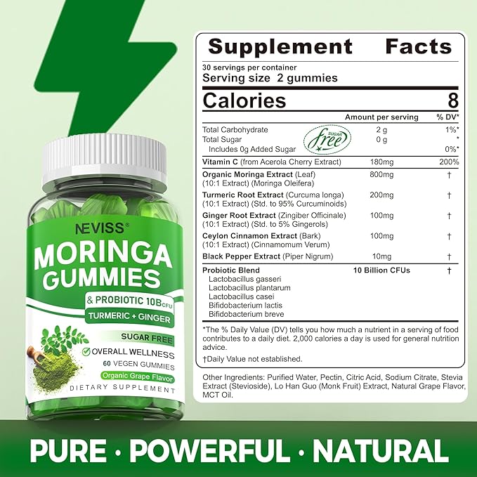 Moringa Gummies for Women Men w/Probiotic Turmeric Ginger Ceylon Cinnamon Sugar Free Organic Moringa Powder Capsules Alternatives Pure Moringa Leaves Green Superfood Supplement - Vegan 120Cts