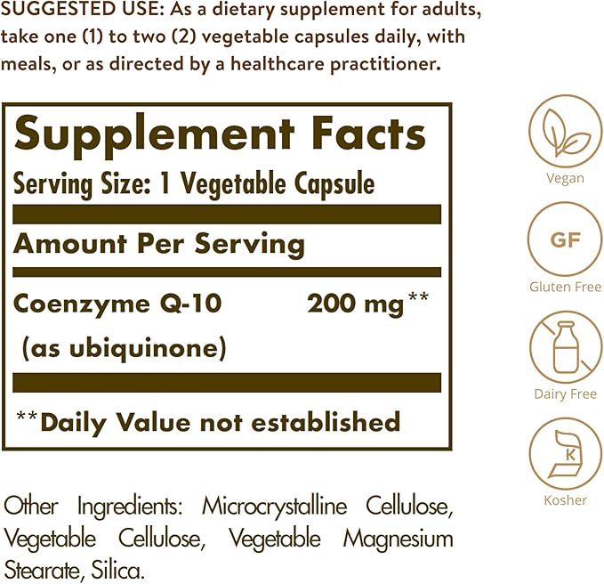 Solgar Vegetarian CoQ-10 200 mg 60 Vegetable Capsules - Heart Healthy Protective Antioxidant - Coenzyme Q10 (CoQ-10) Supplement - Vegan Gluten Free Dairy Free Kosher - 60 Servings