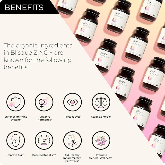 Blisque – Organic Zinc Supplement Sourced from Guava Leaves | for Immune Support Defense and Boost | with Ginger Extract | 90 Capsules