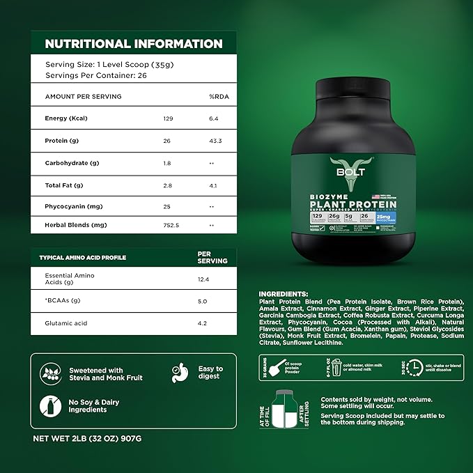 Bolt Biozyme Plant Protein | Vegan Protein with Superfood Phycocyanin and Ayurvedic Herbs | Complete Amino Acid Profile for Muscle Support and Recovery | 2Lb/32oz 26 Servings | Madagascar Vanilla