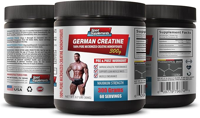 Muscle Pump Testosterone Booster - German CREATINE - 100% Pure MICRONIZED CREATINE MONOHYDRATE - Creatine for Bodybuilding - 1 Can 300 Grams (60 Servings)