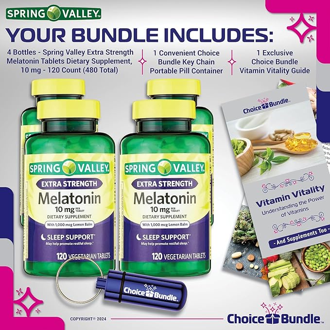 Spring Valley Extra Strength Melatonin Tablets with Lemon Balm Dietary Supplement for Sleep Support 10 mg 120 Ct 4 pk (480 Total) + Vitamin Vitality &amp Pill Container (6 Items)!
