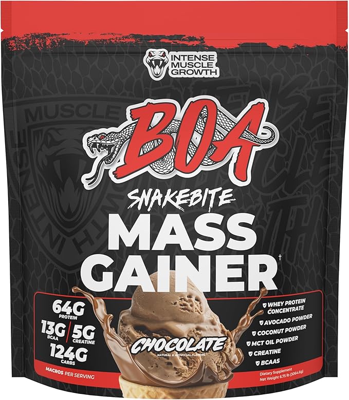 BOA Snakebite Mass Gainer Powder – 64g Protein 126g Carbs &amp 5g Creatine Per Serving – High Calorie Weight Gainer for Muscle Growth &amp Recovery – Chocolate Vanilla Cookie Butter (Chocolate)