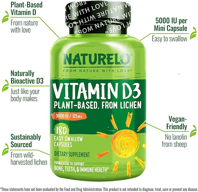 NATURELO Vitamin D - 5000 IU - Plant Based from Lichen - Natural D3 Supplement for Immune System Bone Support Joint Health - High Potency - Vegan - Non-GMO - Gluten Free - 180 Capsules