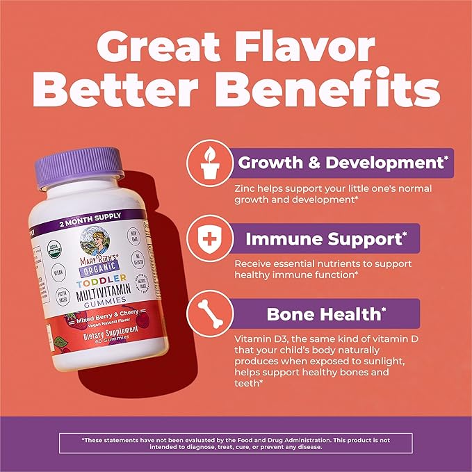 MaryRuth's Organic Toddler Multivitamin Gummies | Ages 4+ | Vitamin A C D E B6 B12 Biotin Iodine Zinc | Immunity | Bone &amp Teeth Health | Skin &amp Vision Support | Vegan | Gluten Free | 6
