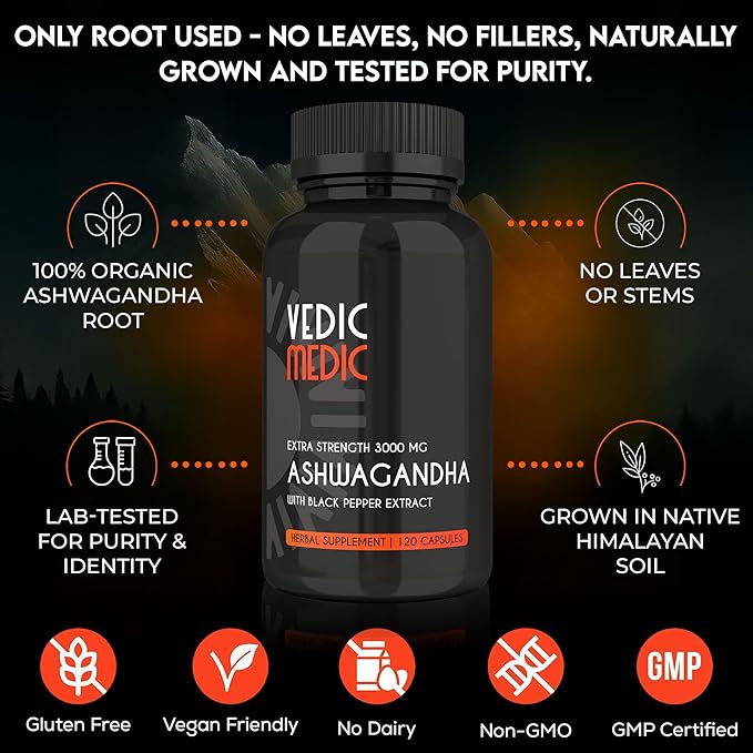 Organic Ashwagandha Capsules Extra Strength 3000mg with Black Pepper Extract - Stress Relief Mood Enhancer Energy Support - Non-GMO Vegan Gluten Free (120)