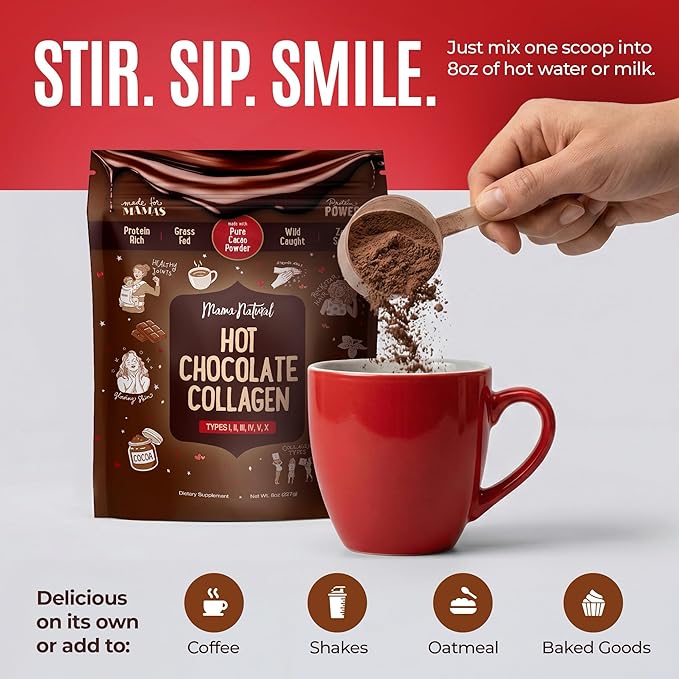 Mama Natural Hot Chocolate Multi Collagen Protein Powder Made with Organic Cacao Types 1 2 3 4 5 10 Collagen Peptides Powder - Grass Fed Beef Wild Fish Marine &amp USA Eggshell - 16 Servings