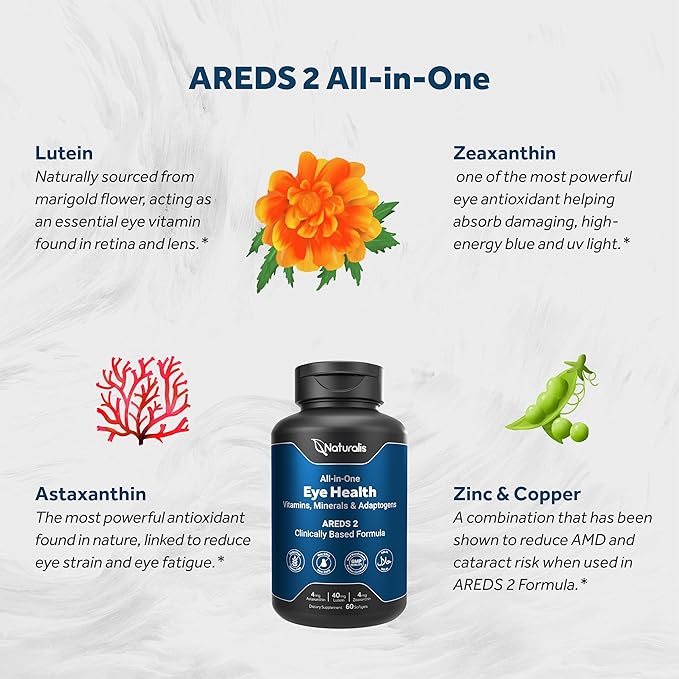 Naturalis Areds2 Clinically Based Eye Supplement | Lutein Zeaxanthin Astaxanthin Bilberry Blueberry Cranberry &amp Grape Seed Adaptogen Blend | 120 Vision Essential Softgels