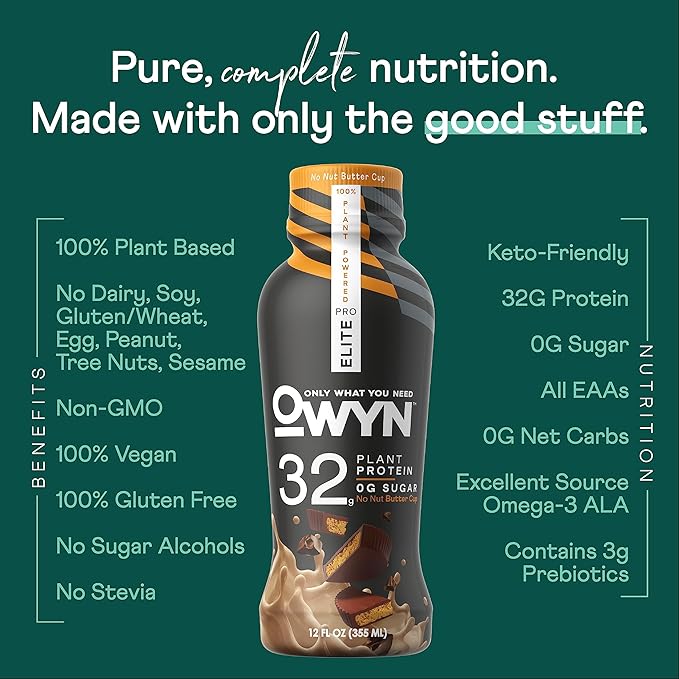 OWYN Only What You Need Pro Elite Vegan High Protein Keto Shake 32g Protein 12 Fl Oz (Pack of 12) and Pro Elite Vegan Plant-Based High Protein Keto Shake No Nut Butter Cup 32g Protein (Packaging M