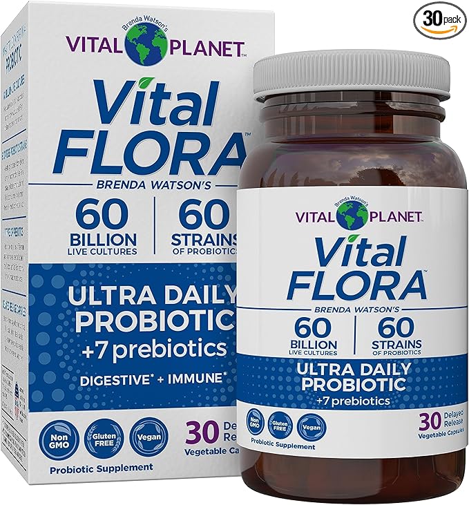 Vital Planet - Vital Flora Ultra Daily Probiotic 60 Billion CFU Diverse Strains Organic Prebiotics Immune Support Bloating Relief Digestive Health Probiotics for Women and Men 30 Capsules
