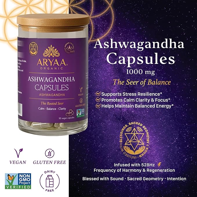 Ashwagandha Capsules – 90 Count | Stress Support Calm Clarity &amp Energy Balance | Whole Root Powder | Vegan Non-GMO Gluten-Free | Sound-Infused with 528Hz