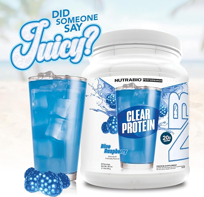 NutraBio Clear Protein Powder Blue Raspberry - 20 Servings 20g Clear Whey Protein Isolate 0 Sugar 0g Lactose Refreshing Fruit Flavors GLP1 Support - Bone Health - Muscle Post Workout Recovery
