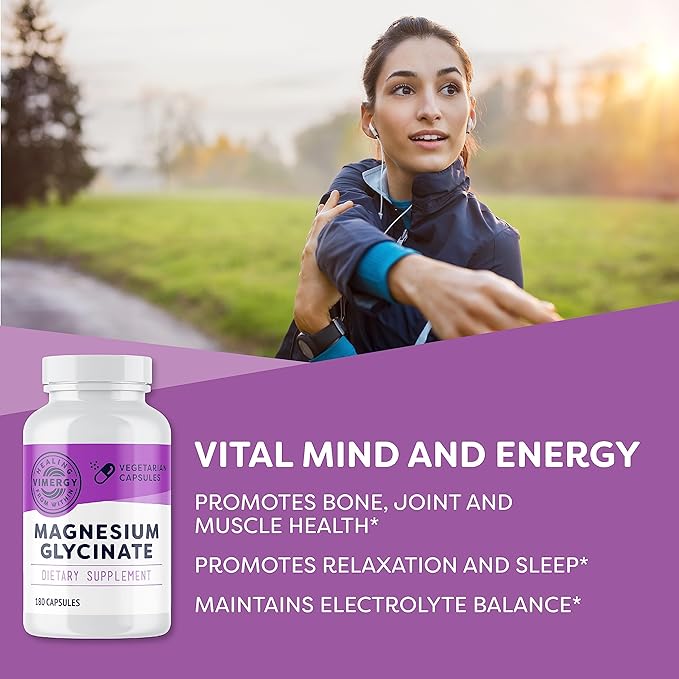 VIMERGY Magnesium Glycinate – Stress Support – Chelated to Avoid Tummy Upset*– Promotes Heart Health &amp Energy*– Kosher Vegan Gluten-Free – 180 Caps
