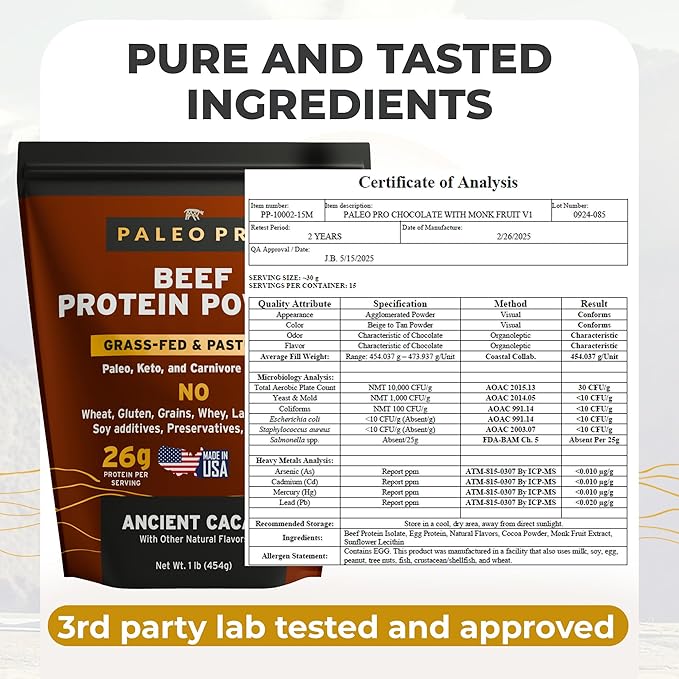 Paleo Pro Beef Protein Powder - Grass Fed Protein Powder Isolate - Pure Animal Based Pastured &amp Cage-Free | Dairy &amp Gluten Free Natural and Clean Proteins for Paleo &amp Keto - 15 Days Suppl