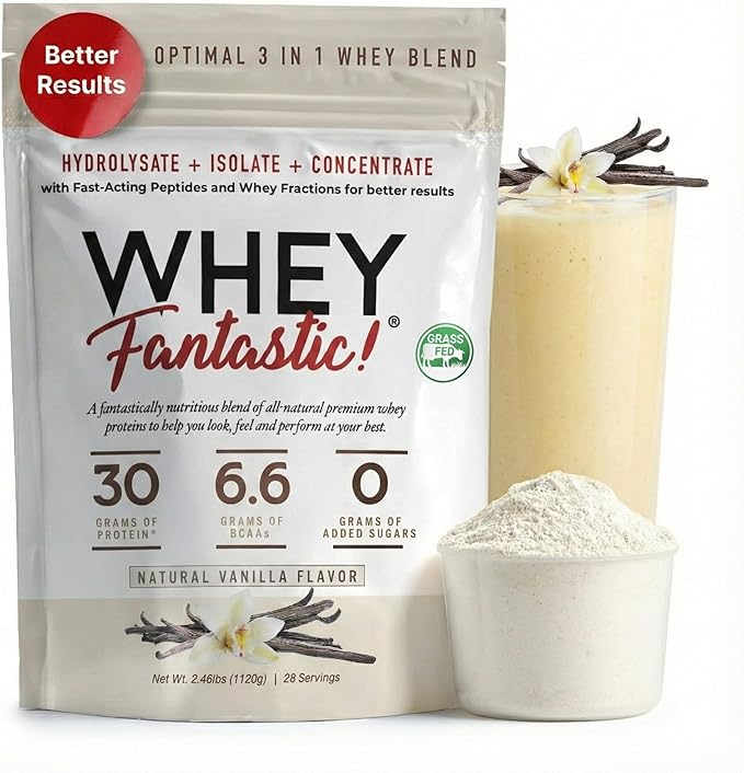 3-in-1 Vanilla Whey Protein Powder 2.2lb – 30g Grass-Fed Whey Protein from Hydrolysate Isolate &amp Concentrate – Naturally Flavored Non-GMO Soy-Free – 28 Servings