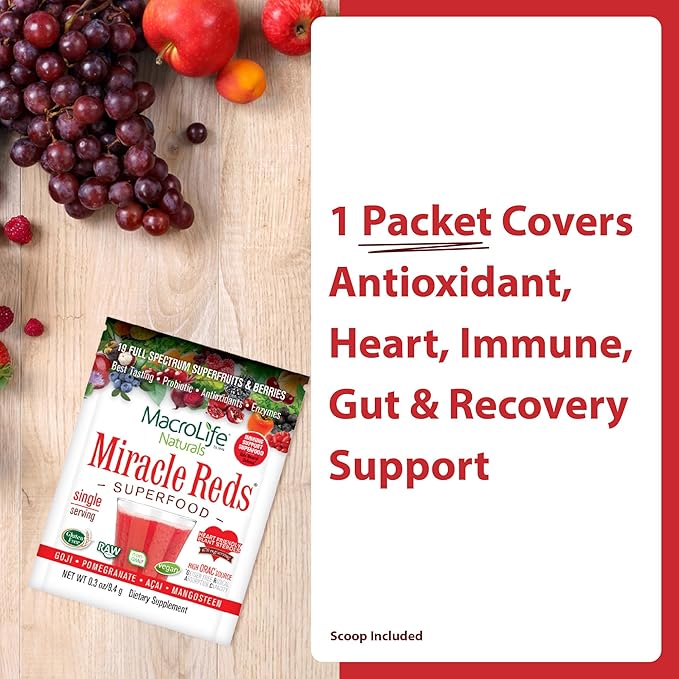 MacroLife Naturals Miracle Reds Superfood Powder 19 Blended Fruit &amp Berry Polyphenols Enzymes Probiotics &amp Antioxidants Supplement - Raw Non-GMO &amp Vegan Whole Food Vitamins - 12 Packet Ser