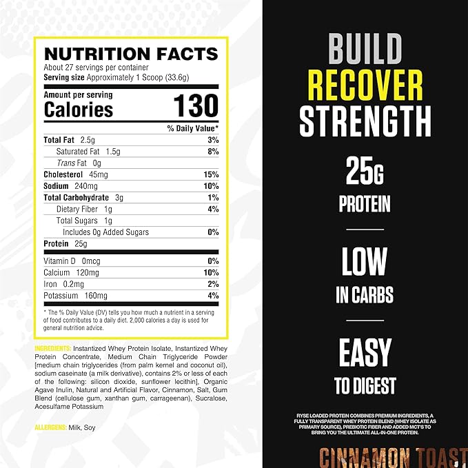 RYSE Loaded Protein Powder - Cinnamon Toast - 25g Whey Protein Isolate &amp Concentrate with Prebiotic Fiber &amp MCTs - Low Carb Low Sugar Digestive-Friendly - 27 Servings / 2 lb Tub