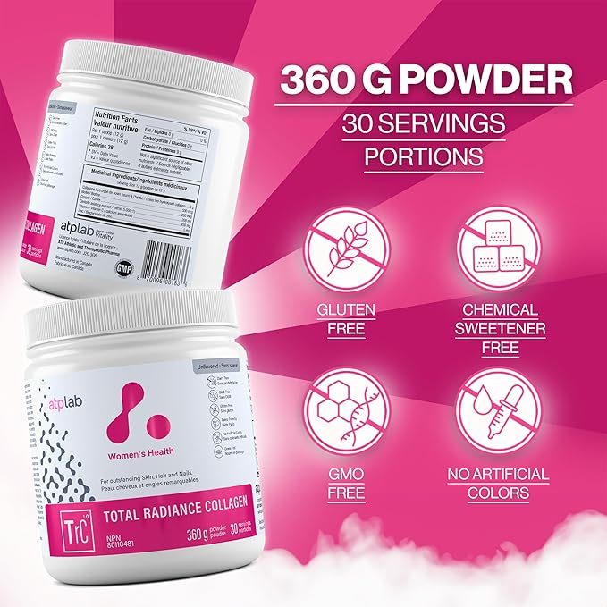 ATP LAB Total Radiance Collagen Powder Unflavoured 360g - Premium Hydrolyzed Collagen Peptides for Women - Vegan-Friendly Collagen Protein Powder Support for Skin Hair &amp Nails
