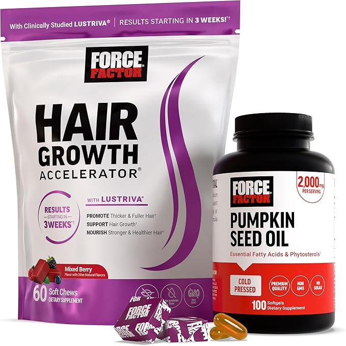 Force Factor Hair Growth Accelerator Soft Chews Hair Growth Vitamins for Women and Men with Clinically Studied Lustriva and Biotin Promotes Thicker Fuller Stronger Hair + Pumkin Seed Oil Sofgels