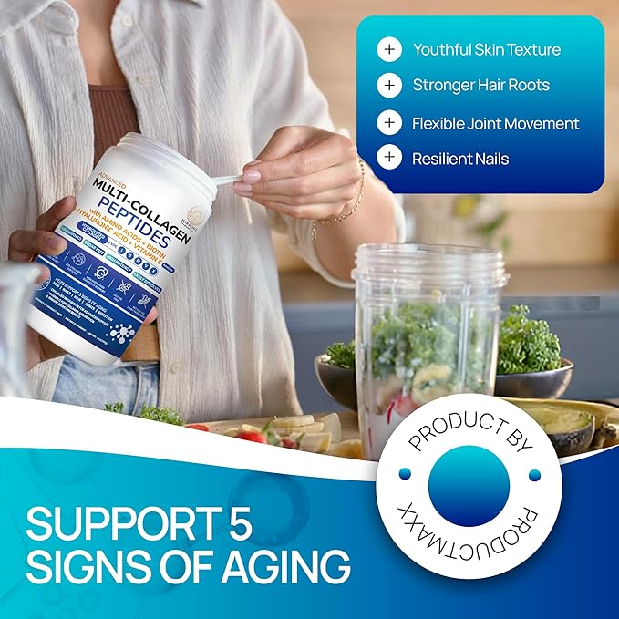 Collagen Peptides Powder for Hair Skin Nails Joints &amp Digestion – Multi-Collagen Types I II III V &amp X with Biotin Hyaluronic Acid &amp Vitamin C – Unflavored Sugar-Free (1.1 lb / 500g