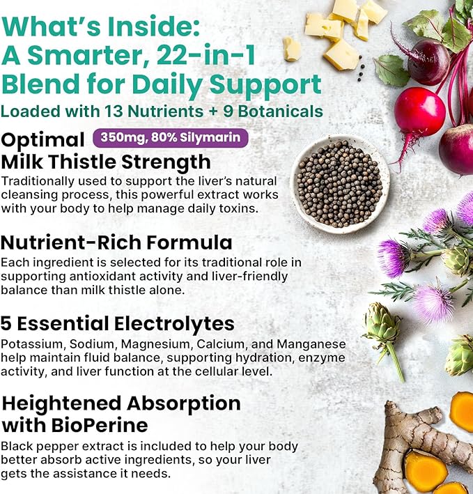 22-in-1 Liver Support Capsules – Supplement with Milk Thistle NAC Electrolytes &amp BioPerine Supplement – Smart Dose for Your Natural Filtration &amp Daily Hydration – 90 Vegan Capsules (Pack of