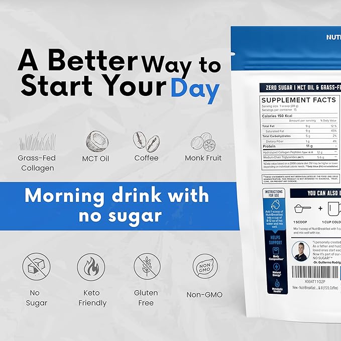 NutriBreakfast by Nutrillermo/Keto Protein Collagen Powder with MCT Oil/MCT Oil Powder/Keto Collagen Peptides with Grass-Fed Bovine Collagen Type I &amp III (15.9 Coffee)