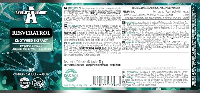 APOLLO'S HEGEMONY Resveratrol High Dose 400 mg - 60 Vegan Capsules - 2 Months Supply - 98% Trans-Resveratrol from Japanese Knotweed Extract - Natural Antioxidant
