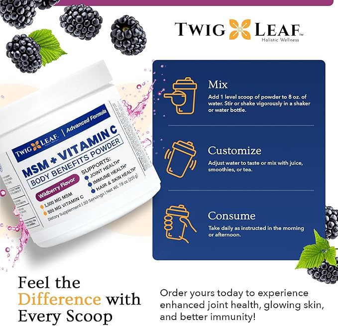 Twig &amp Leaf MSM + Vitamin C Powder – MSM Powder for Hair Growth Nails &amp Joint Support – Non-GMO Gluten Free – 30 Servings - 7.9 oz