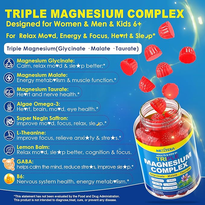 Magnesium Glycinate Gummies + Omega-3 Saffron for Kids 6+ &amp Adults Kids Focus Calm Magnesium Gummies Sugar Free Triple Magnesium Complex 500mg/250mgGlycinate Malate Taurate Theanine1P