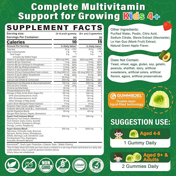Kids Multivitamin Gummies 20+ Super Greens Fruit and Veggies Supplement Superfood Daily Gummies with Probiotics for Kids Gummy Vitamins &amp Minerals for Tummy &amp Immune Support -Vegan Sugar Fre