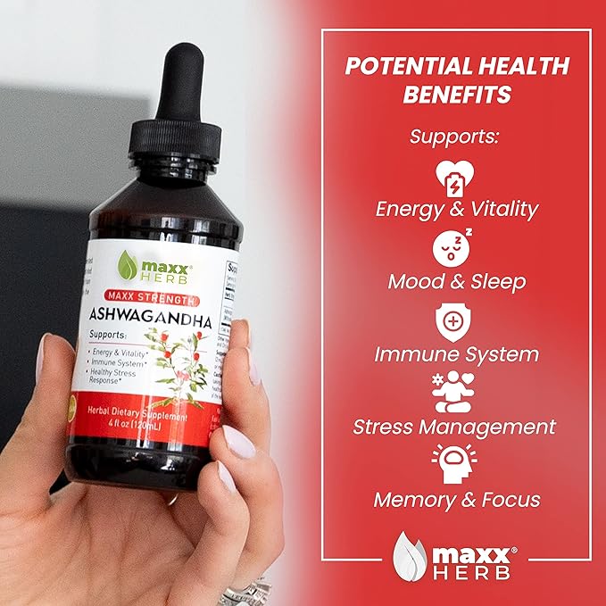 Maxx Herb Ashwagandha Extract – Max Strength Liquid Tincture Absorbs Better Than Capsules or Powder - for Stamina Memory &amp Immune Support - 4 Oz Bottle (60 Servings)