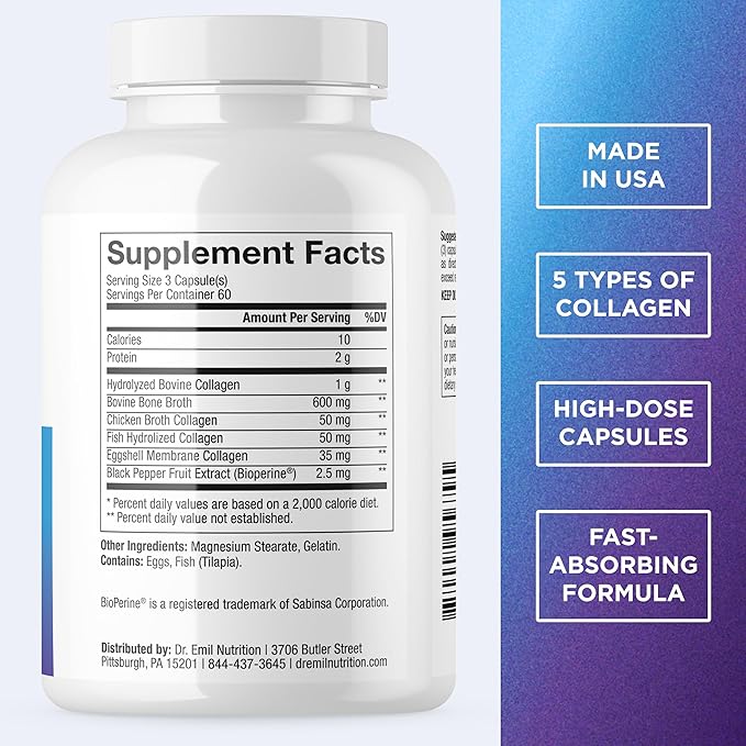 DR. EMIL NUTRITION Women's Multi Collagen Pills | Collagen Supplements to Support Hair Skin Nails &amp Joints | Hydrolyzed Collagen Supplements Types I II III V &amp X | 180 Capsules