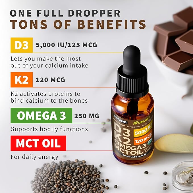(2 Pack) Organic Vitamin D3 K2 Drops with MCT Oil Omega 3 5000 IU Maximum Strength Vitamin D Liquid No Fillers Non-GMO Liquid D3 for Faster Absorption and Immune Support (Chocolate 2 Fl Oz)