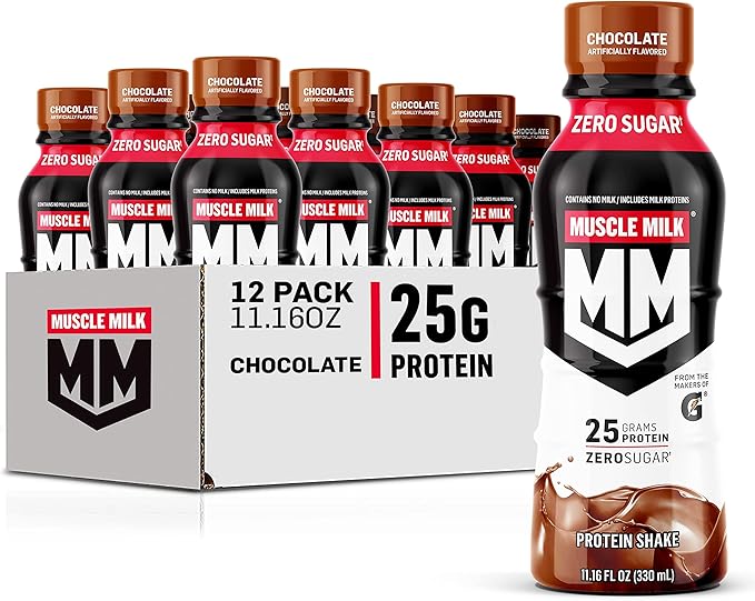 Muscle Milk Pro Advanced Nutrition Protein Shake Knockout Chocolate 11.16 Fl Oz (Pack of 12) and Muscle Milk Genuine Protein Shake Chocolate 25g Protein 11.16 Fl Oz (Pack of 12)