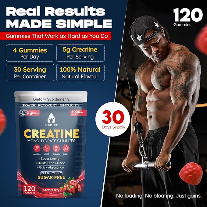 Creatine Monohydrate Gummies 5000mg – 5g per Serving – Sugar Free Vegan Creatine Supplement for Men &amp Women – Muscle Growth Strength Recovery &amp Energy – 120 Count (Strawberry)