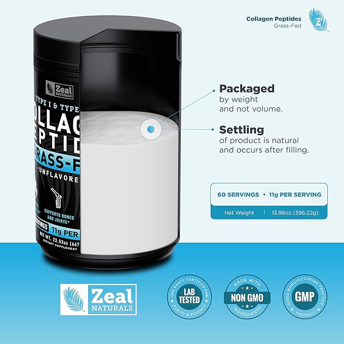 Zeal Naturals Hydrolyzed Collagen Peptides Powder 10g Protein | Grass-Fed Collagen for Women &amp Men | Essential Amino Acids | Hair Skin Nails Bone Health | 60 Servings Unflavored 23.53 oz.