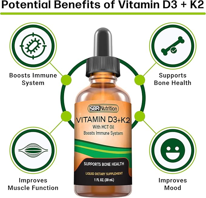 SBR Nutrition D3+K2 and L-Theanine Bundle Vitamin D3K2 (MK7) Liquid Drops Peppermint 1oz | L theanine 225mg Liquid Drops 2oz | for Adults &amp Kids | Non-GMO Gluten Free