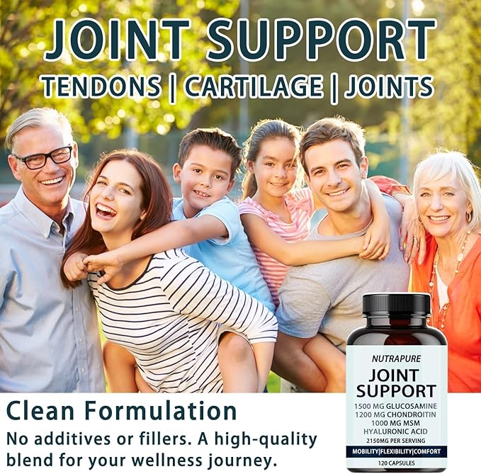 Nutrapure Joint Support - Glucosamine Chondroitin MSM Hyaluronic Acid &amp Bamboo Extract Maintaining Joint Health - 120 Capsules