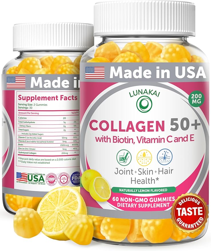 Lunakai USA Made Collagen Gummies for Women &amp Men Over 50 Biotin &amp Vitamin C Supports Skin Elasticity Hair &amp Nail Strength Joint Support 60ct