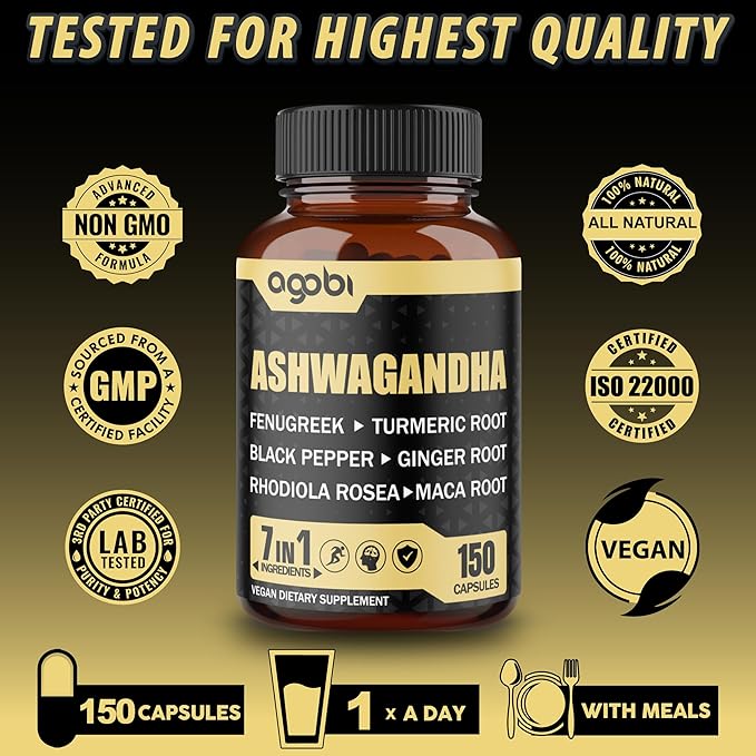 Ashwagandha Extract Capsules 7 Herbal Ingredients 8050 mg - Blended Fenugreek Maca Turmeric Rhodiola Ginger &amp Black Pepper - Sleep Spirit Immune &amp Energy Support - 5-Month Supply